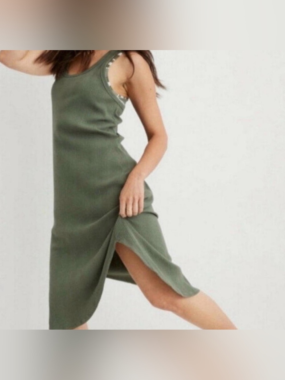 Aerie Ribbed Tank Midi Dress in Olive Green